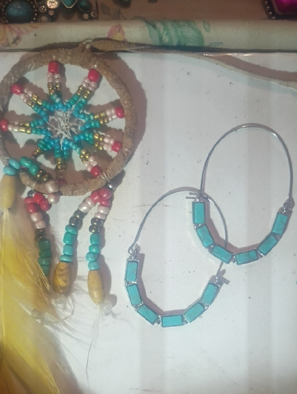 Turquoise Beaded Hoop Earrings - Unbranded